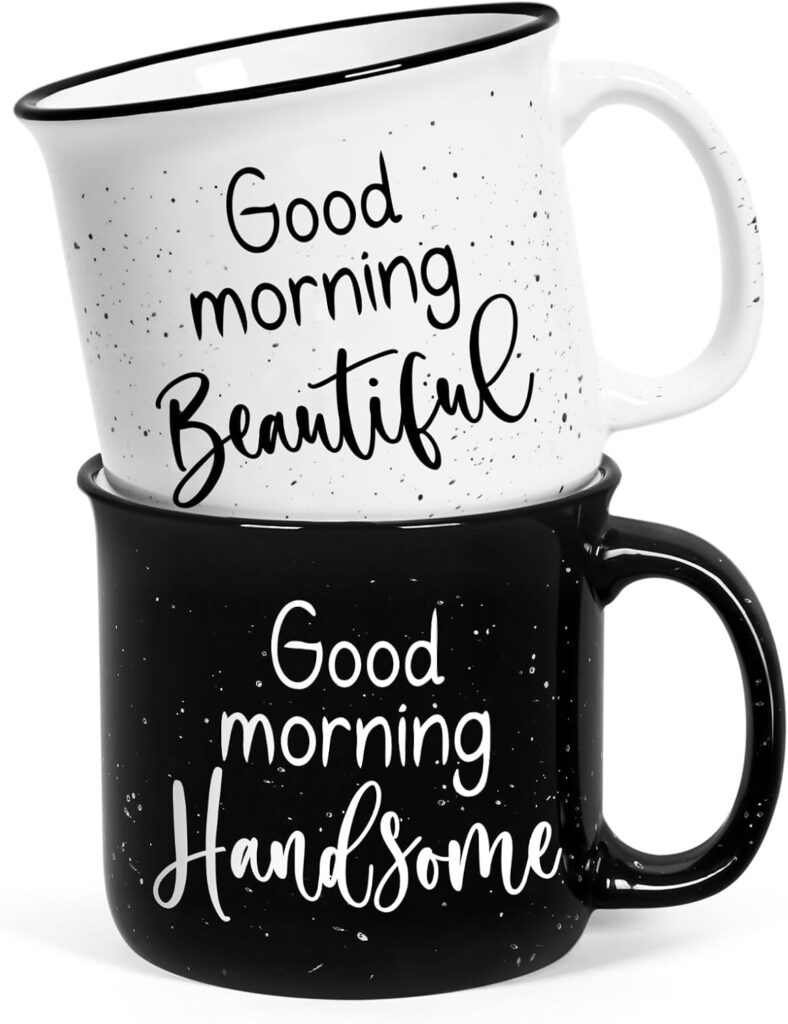White “Good Morning Beautiful” mug and black “Good Morning Handsome” mug side by side