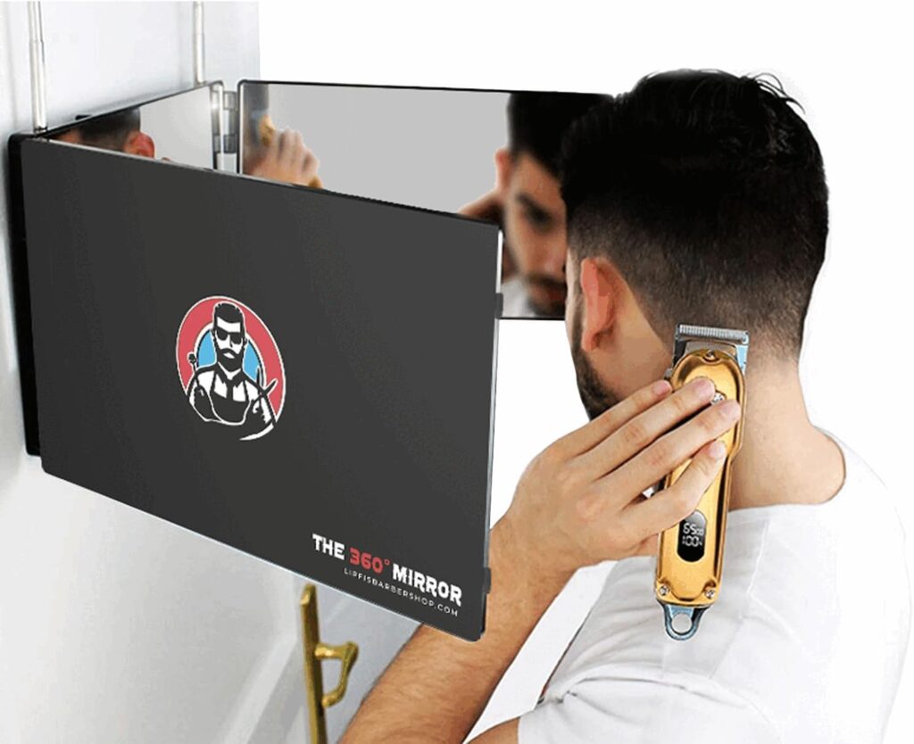 Three‑panel 360‑degree haircut mirror hanging on a door