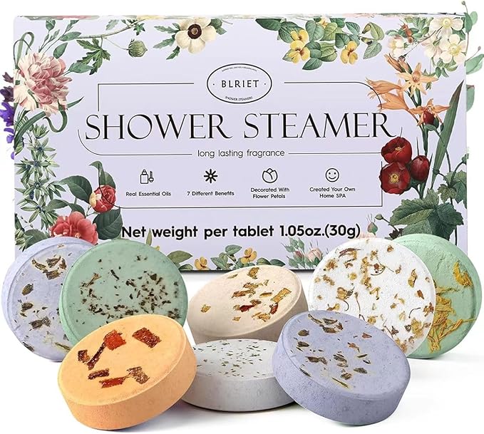 Box of aromatherapy shower steamers in assorted pastel colors