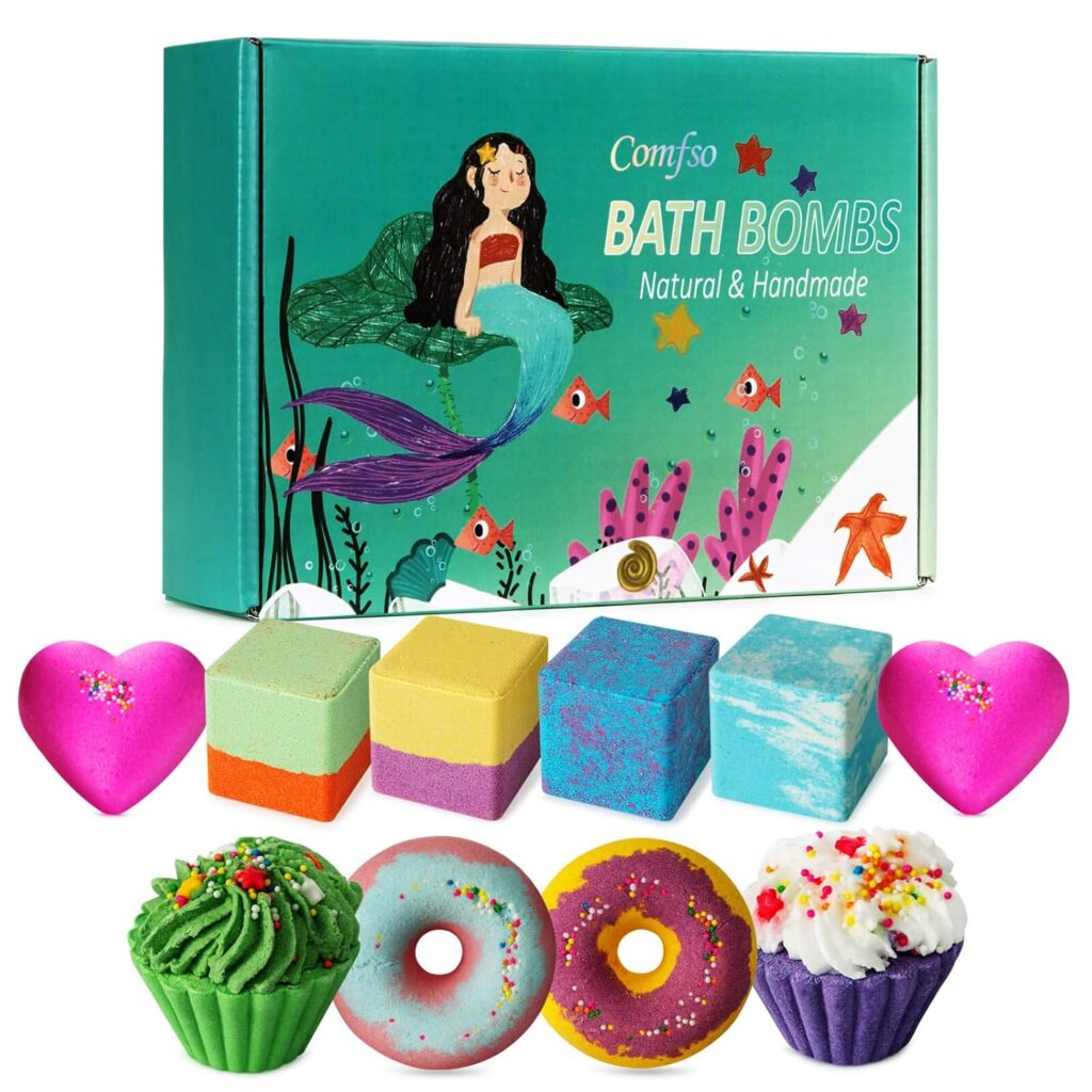 Spa gift set with colorful bath bombs and a jar of body butter arranged in a gift box